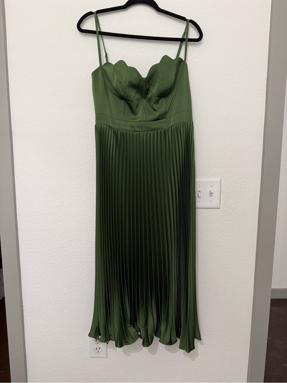 Olive Green Pleated Midi Slip Dress with Scalloped Top
